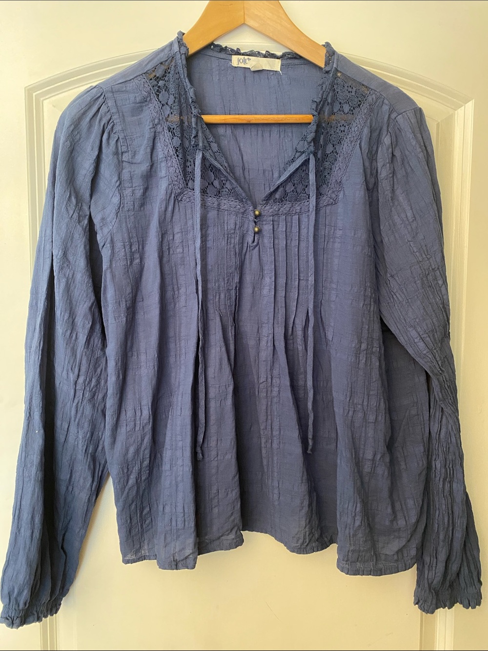 Jolt Blue Lace Inset Crinkle Peasant Blouse